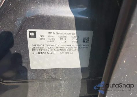 2015 Chevrolet Cruze 1Lt Auto из США, поврежденный, VIN 1G1PC5SB7F7274807